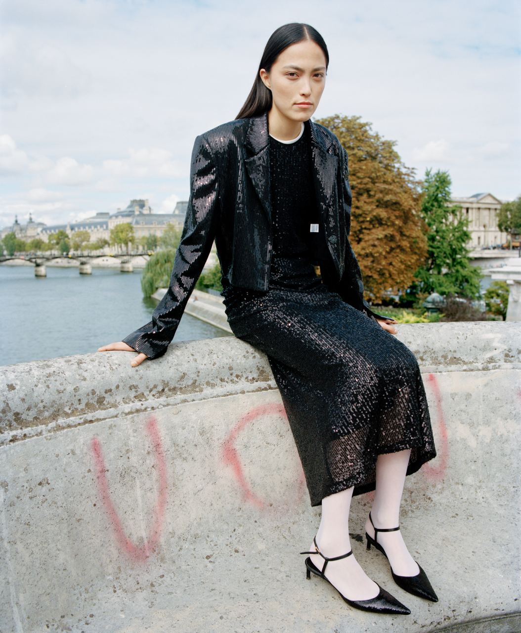 Midi Slip Dress in Black Sequins